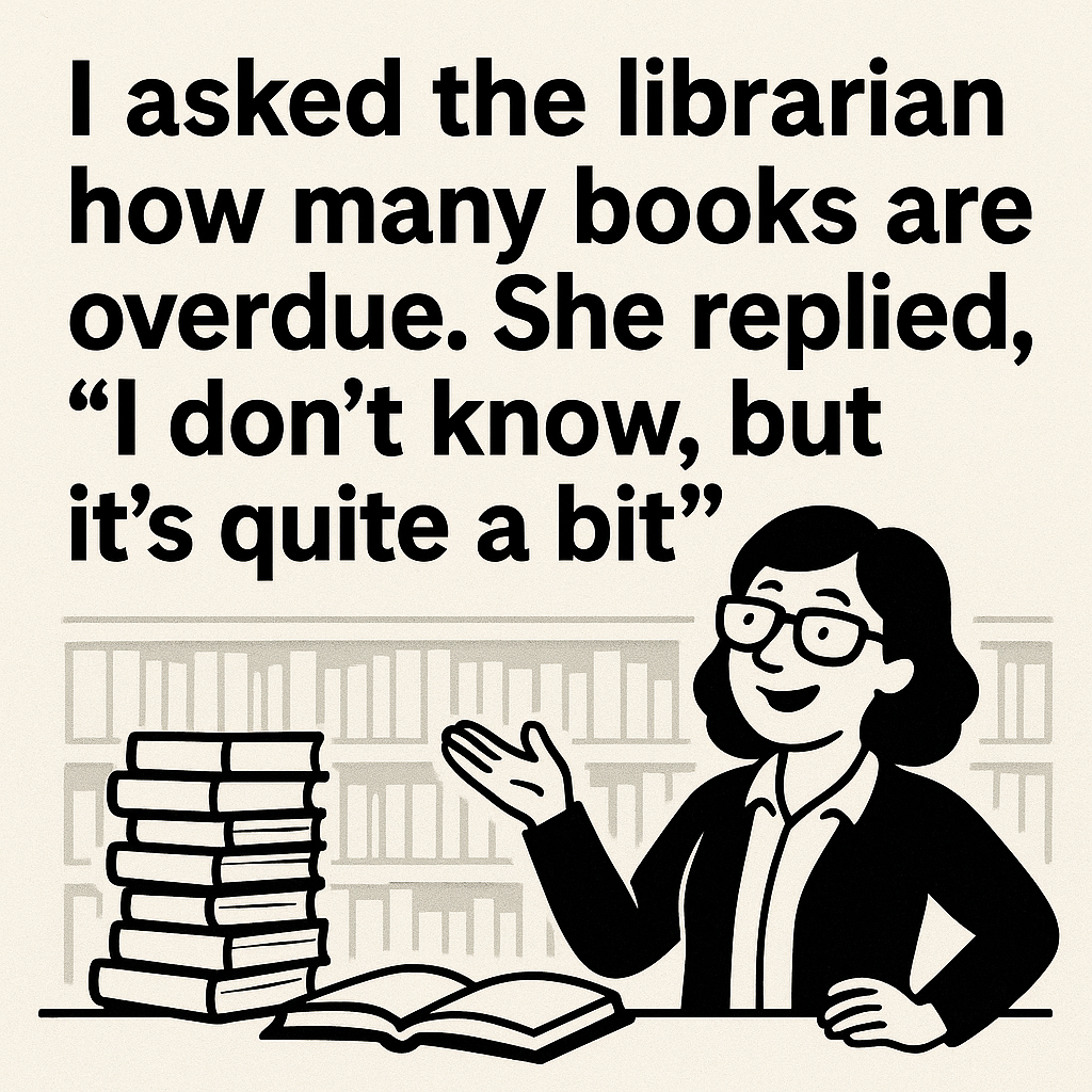 I asked the librarian how many books are overdue. She replied, "I don't know, but it's quite a bit".