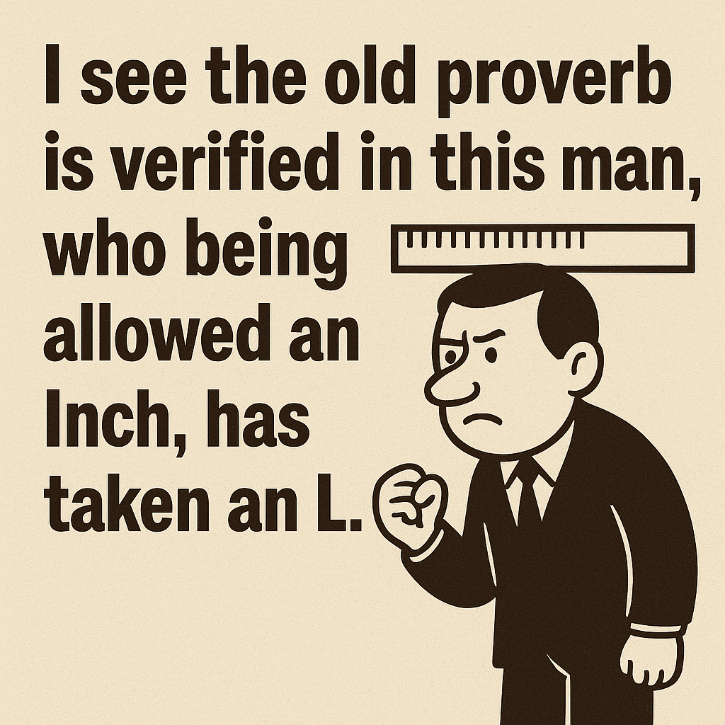 I see the old proverb is verified in this man, who being allowed an Inch, has taken an L.